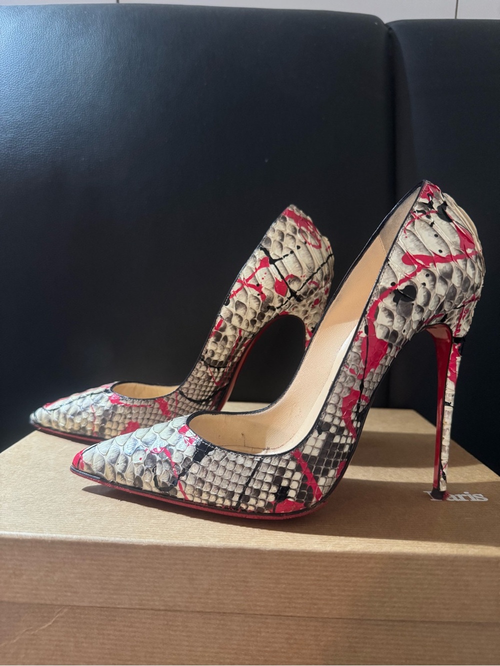 Christian Louboutin Snake-Print Stiletto Pumps in Red & Cream